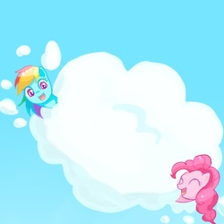 Size: 500x500 | Tagged: safe, artist:nyankamedon, pinkie pie, rainbow dash, g4, cloud, pixiv