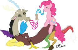Size: 2941x1910 | Tagged: safe, artist:amaya-fanel, discord, pinkie pie, draconequus, earth pony, pony, g4, chocolate milk, female, male, mare, ship:discopie, shipping, simple background, straight, straw, transparent background