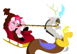 Size: 2480x1748 | Tagged: safe, artist:rannva, edit, discord, pinkie pie, draconequus, earth pony, pony, g4, bells, christmas, female, male, mare, ship:discopie, shipping, simple background, sleigh, straight, transparent background