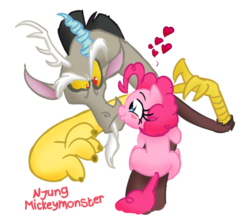 Size: 600x521 | Tagged: safe, artist:mickeymonster, artist:natilokijung, edit, discord, pinkie pie, draconequus, earth pony, pony, g4, female, heart, kissing, male, mare, ship:discopie, shipping, simple background, straight, transparent background