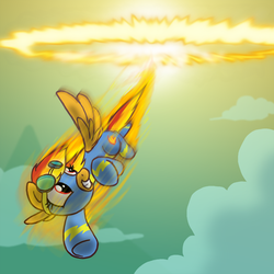 Size: 980x980 | Tagged: safe, artist:professor-ponyarity, spitfire, pegasus, pony, g4, clothes, flying, looking back, open mouth, open smile, smiling, solo, sonic fireboom, sonic xboom, uniform, wonderbolts uniform