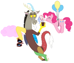 Size: 2336x1968 | Tagged: safe, artist:peregrinestar, discord, pinkie pie, g4, balloon, chocolate milk, cotton candy cloud, female, male, ship:discopie, shipping, straight, straw, sunglasses, then watch her balloons lift her up to the sky
