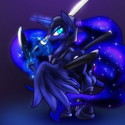 Size: 800x800 | Tagged: safe, artist:zedrin, princess luna, pony, g4, armor, dreamwarden, female, solo, sword, warrior luna, weapon