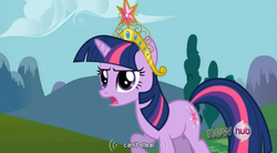 Size: 764x422 | Tagged: safe, screencap, twilight sparkle, g4, keep calm and flutter on, big crown thingy, hub logo, youtube caption