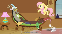 Size: 762x422 | Tagged: safe, screencap, discord, fluttershy, g4, keep calm and flutter on, hub logo, youtube caption