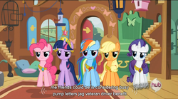 Size: 765x426 | Tagged: safe, screencap, applejack, pinkie pie, rainbow dash, rarity, twilight sparkle, g4, keep calm and flutter on, big crown thingy, hub logo, necklace, youtube caption