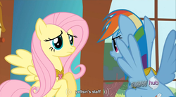 Size: 765x425 | Tagged: safe, screencap, fluttershy, rainbow dash, g4, keep calm and flutter on, boris yeltsin, hub logo, necklace, youtube caption