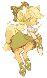 Size: 485x800 | Tagged: safe, artist:rikose, applejack, earth pony, semi-anthro, g4, arm hooves, bow, clothes, cute, dress, female, jackabetes, mare, simple background, skirt, solo