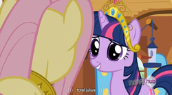 Size: 762x423 | Tagged: safe, screencap, fluttershy, twilight sparkle, g4, keep calm and flutter on, big crown thingy, hub logo, youtube caption