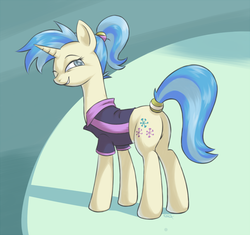 Size: 869x817 | Tagged: safe, artist:yeendip, allie way, pony, unicorn, g4, butt, clothes, female, mare, one eye closed, plot, shirt, solo, tail wrap, wink