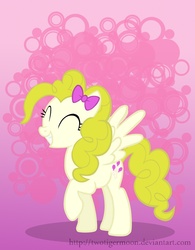 Size: 778x1000 | Tagged: safe, artist:twotigermoon, surprise, pegasus, pony, g1, g4, balloon, bow, eyes closed, female, g1 to g4, generation leap, hair bow, mare, smiling, spread wings, wings