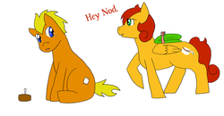 Size: 1280x667 | Tagged: safe, oc, oc only, oc:nod, oc:vermillion, earth pony, pegasus, pony, cake, dialogue, food, open mouth, raised hoof, simple background, sitting, white background