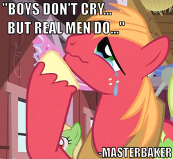 Size: 538x492 | Tagged: safe, edit, edited screencap, screencap, apple munchies, big macintosh, earth pony, pony, g4, apple family member, crying, image macro, male, manly tears, quote, stallion