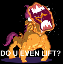 Size: 564x566 | Tagged: safe, scootaloo, g4, brutaloo, do you even lift, hoers, muscles, nightmare fuel, strongaloo, wat