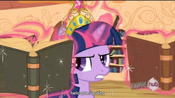 Size: 763x426 | Tagged: safe, screencap, twilight sparkle, g4, keep calm and flutter on, angry, big crown thingy, book, golden oaks library, hub logo, youtube caption