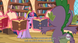 Size: 767x424 | Tagged: safe, screencap, spike, twilight sparkle, g4, keep calm and flutter on, big crown thingy, book, golden oaks library, hub logo, youtube caption