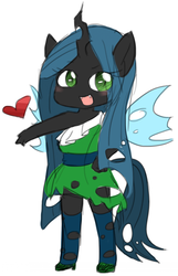 Size: 500x777 | Tagged: safe, artist:snow angel, queen chrysalis, anthro, g4, ambiguous facial structure, blushing, chibi, clothes, cute, cutealis, dress, fangs, female, heart, looking at you, open mouth, pixiv, smiling, socks, solo