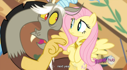 Size: 764x423 | Tagged: safe, screencap, discord, fluttershy, g4, keep calm and flutter on, hub logo, youtube caption