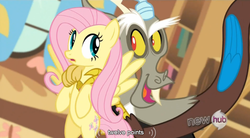 Size: 763x420 | Tagged: safe, screencap, discord, fluttershy, g4, keep calm and flutter on, hub logo, youtube caption