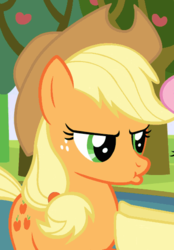 Size: 376x540 | Tagged: safe, screencap, applejack, pony, g4, keep calm and flutter on, cropped, offscreen character, pouting, solo focus