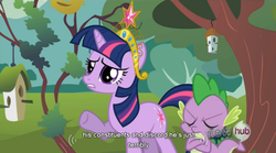 Size: 763x425 | Tagged: safe, screencap, spike, twilight sparkle, g4, keep calm and flutter on, big crown thingy, hub logo, youtube caption