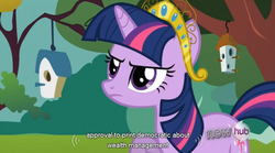 Size: 760x422 | Tagged: safe, screencap, twilight sparkle, g4, keep calm and flutter on, big crown thingy, hub logo, youtube caption