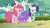 Size: 762x423 | Tagged: safe, screencap, pinkie pie, rarity, g4, keep calm and flutter on, clothes, dress, hub logo, necklace, youtube caption