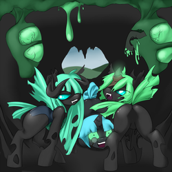 Size: 1000x1000 | Tagged: safe, artist:lavenderrose, oc, oc only, changeling, butt, cave, changeling oc, cocoon, face down ass up, featureless crotch, green changeling, monocle, plot, slime, smiling