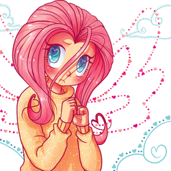 Size: 800x800 | Tagged: safe, artist:voodoodollmaster, fluttershy, human, g4, blushing, clothes, female, humanized, solo, sweater, sweatershy, wingding eyes