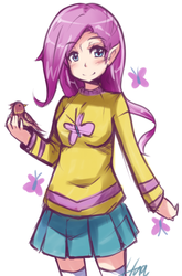 Size: 694x1050 | Tagged: safe, artist:hua, fluttershy, bird, g4, clothes, elf ears, female, humanized, pixiv, skirt, solo