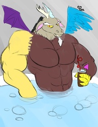Size: 765x990 | Tagged: safe, artist:caseyljones, discord, g4, bara, deltscord, hot tub, male, muscles, overdeveloped muscles, solo