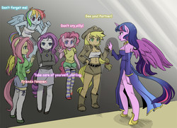 Size: 1000x722 | Tagged: safe, artist:shepherd0821, applejack, fluttershy, pinkie pie, rainbow dash, rarity, twilight sparkle, alicorn, anthro, unguligrade anthro, g4, ambiguous facial structure, belly button, breasts, busty applejack, busty fluttershy, clothes, feels, female, immortality blues, mane six, midriff, reflection, sad, sweater, sweatershy, twilight sparkle (alicorn)