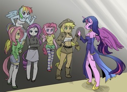 Size: 1000x722 | Tagged: safe, artist:shepherd0821, applejack, fluttershy, pinkie pie, rainbow dash, rarity, twilight sparkle, alicorn, anthro, unguligrade anthro, g4, ambiguous facial structure, breasts, busty applejack, busty fluttershy, cleavage, clothes, feels, female, immortality blues, mane six, pierce the heavens!!, reflection, sad, skirt, sweater, sweatershy, t-shirt, tank top, twilight sparkle (alicorn), twilight will outlive her friends, vietnam memorial