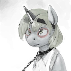 Size: 894x894 | Tagged: safe, artist:kevinsano, derpy hooves, pegasus, pony, g4, artificial horn, collar, female, leash, mare, solo