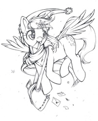 Size: 617x762 | Tagged: safe, artist:longinius, derpy hooves, pegasus, pony, g4, female, grayscale, hat, lineart, mail, mare, monochrome, santa hat, snow, snowflake, underp