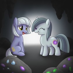 Size: 894x894 | Tagged: safe, artist:maplesunrise, limestone pie, marble pie, earth pony, pony, g4, cave, cute, duo, gem cave, happy, limabetes, marblebetes, one eye closed, open mouth, pie sisters, smiling, wink