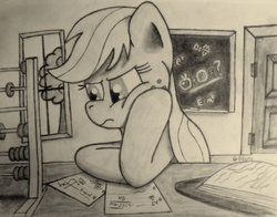 Size: 1280x1006 | Tagged: safe, artist:neonblonde1138, applejack, earth pony, pony, g4, abacus, chalkboard, fancy mathematics, female, monochrome, solo, traditional art, tree, window