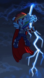 Size: 569x1000 | Tagged: safe, artist:carnifex, rainbow dash, pony, g4, costume, crossover, female, hammer, lightning, solo, thor