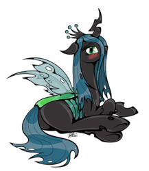 Size: 650x750 | Tagged: safe, artist:gimmogear, queen chrysalis, changeling, changeling queen, g4, blushing, bugbutt, butt, crown, female, jewelry, palindrome get, plot, regalia, simple background, solo, transparent background