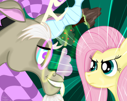Size: 1000x800 | Tagged: safe, artist:brainedbysaucepans, discord, fluttershy, g4, the stare