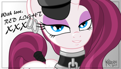 Size: 1500x850 | Tagged: safe, artist:killryde, oc, oc only, oc:red light, pony, unicorn, bedroom eyes, collar, dominatrix, ear piercing, earring, female, hat, jewelry, looking at you, mare, piercing, solo, tail wrap