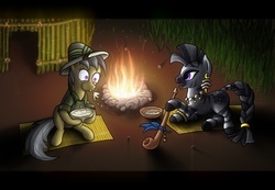 Size: 1280x886 | Tagged: safe, artist:darth-biomech, daring do, oc, pony, zebra, g4, campfire, duo, smoking