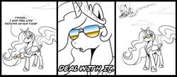 Size: 1000x441 | Tagged: safe, artist:madmax, princess celestia, g4, comic, crossover, deal with it, male, meme, sunglasses, superman