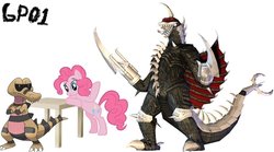 Size: 900x500 | Tagged: safe, pinkie pie, kaiju, krokorok, g4, crossover, gigan, godzilla (series), pokémon