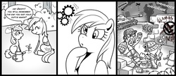 Size: 1000x437 | Tagged: source needed, safe, artist:madmax, apple bloom, derpy hooves, earth pony, pegasus, pony, g4, barbed wire, blowing bubbles, bubble, comic, dialogue, eyes closed, female, filly, graffiti, grayscale, grenade, gun, mare, monochrome, partial color, sitting, speech bubble, tank (vehicle), tongue out, war