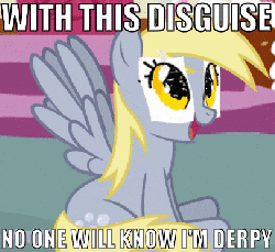 Size: 406x373 | Tagged: safe, derpy hooves, pegasus, pony, g4, animated, dan vs fim, disguise, fake eyes, female, image macro, mare, paper-thin disguise, spy, spy (tf2), team fortress 2, underp