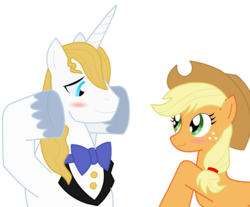 Size: 700x580 | Tagged: dead source, safe, artist:jaceleo, applejack, prince blueblood, earth pony, pony, unicorn, g4, duo, female, hat, male, ship:bluejack, shipping, simple background, straight, transparent background