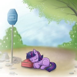 Size: 1000x1000 | Tagged: safe, artist:madmax, twilight sparkle, pony, unicorn, g4, bus stop, cute, female, filly, filly twilight sparkle, hairclip, luggage, outdoors, sleeping, solo, suitcase, twiabetes, unicorn twilight, younger