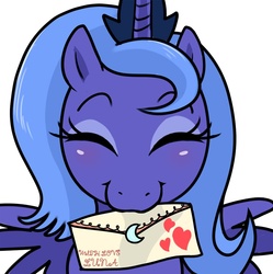 Size: 857x860 | Tagged: safe, artist:madmax, princess luna, pony, g4, close-up, cute, eyes closed, female, letter, love letter, lunabetes, mail, mouth hold, s1 luna, simple background, solo