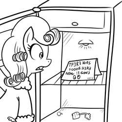 Size: 1000x1000 | Tagged: safe, artist:madmax, carrot top, derpy hooves, golden harvest, pegasus, pony, g4, female, i emptied your fridge, mare, monochrome, refrigerator, solo
